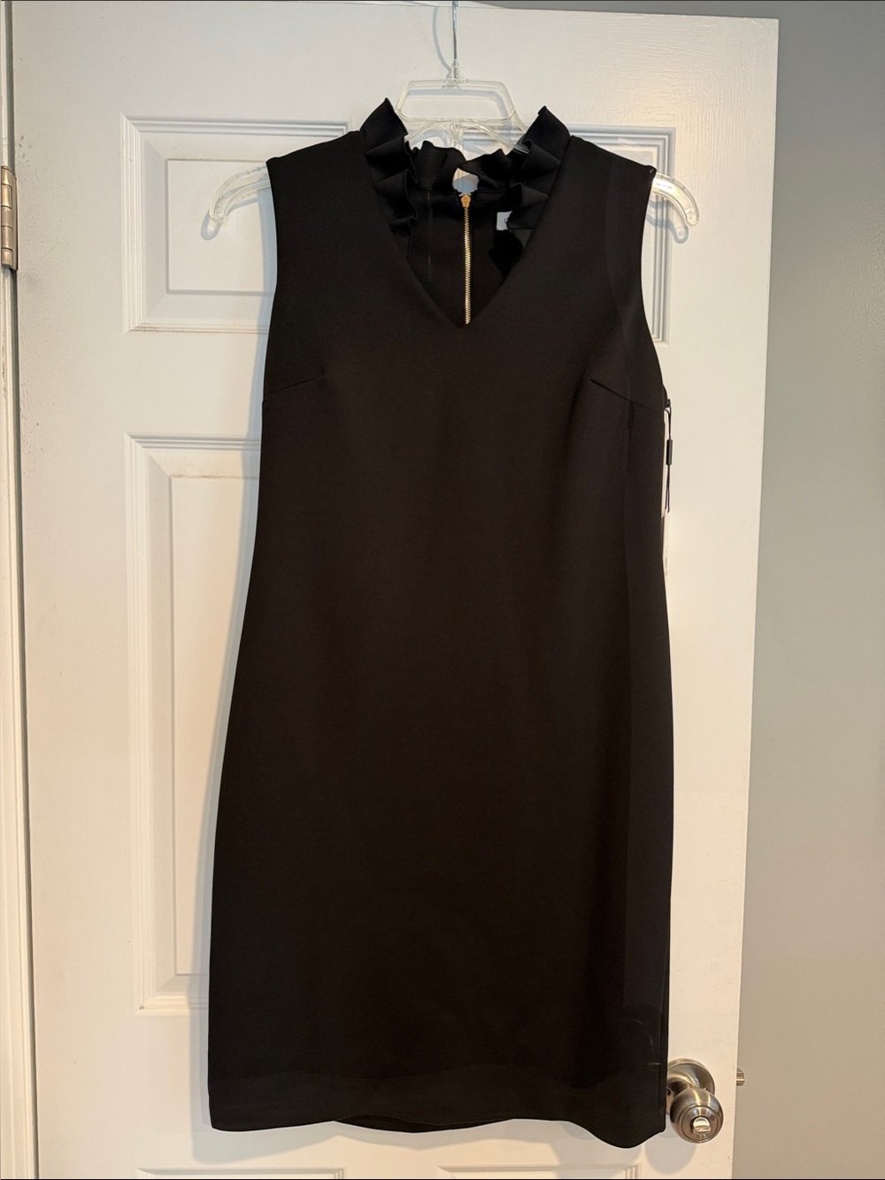 Calvin Klein Black Sleeveless V-Neck Midi Dress with Ruffle Collar